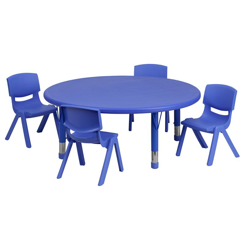 45'' Round Blue Plastic Height Adjustable Activity Table Set with 4 Chairs. Picture 1