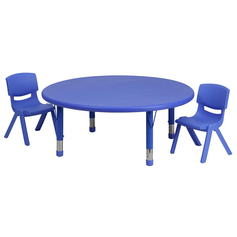 45'' Round Blue Plastic Height Adjustable Activity Table Set with 2 Chairs. Picture 1