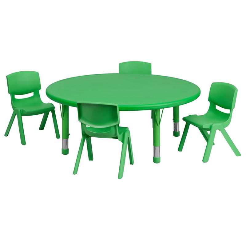 45'' Round Green Plastic Height Adjustable Activity Table Set with 4 Chairs. Picture 1