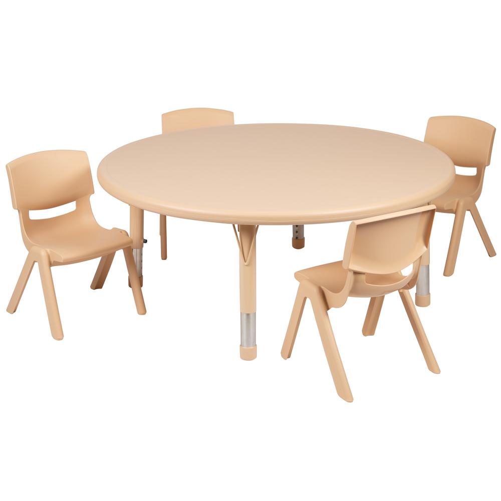 45" Round Natural Plastic Height Adjustable Activity Table Set with 4 Chairs. Picture 1