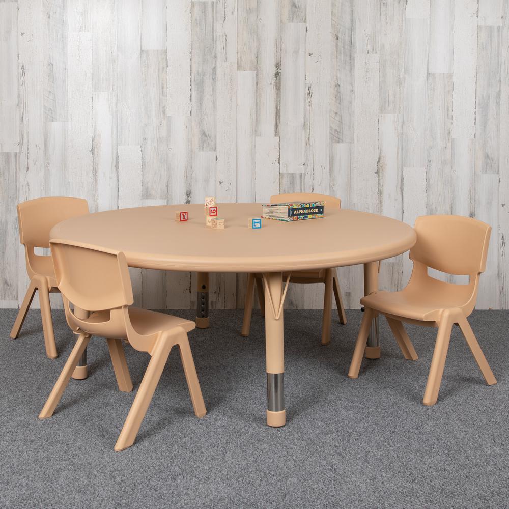 45" Round Natural Plastic Height Adjustable Activity Table Set with 4 Chairs. Picture 8