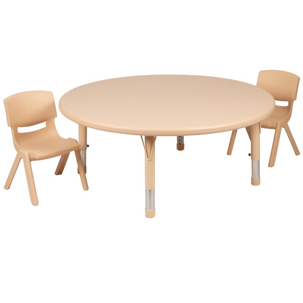 45" Round Natural Plastic Height Adjustable Activity Table Set with 2 Chairs. Picture 1