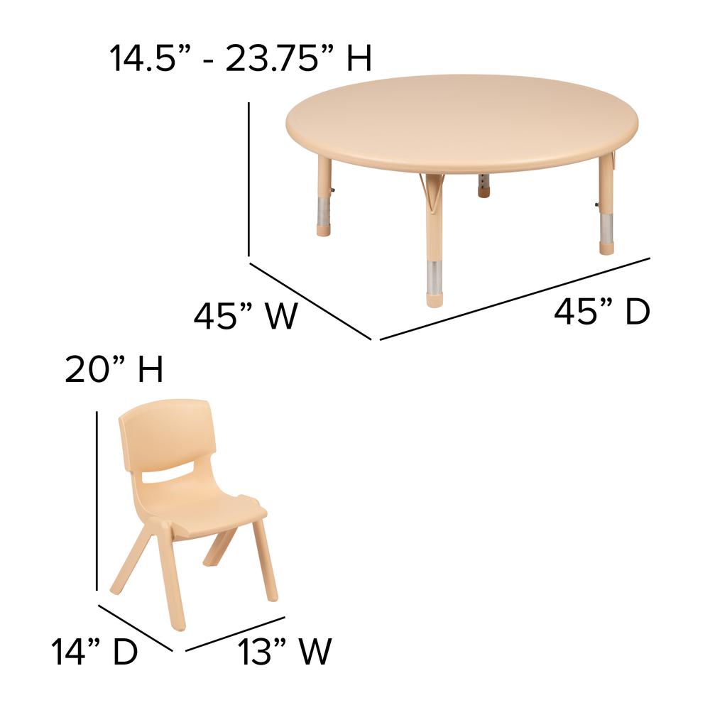 45" Round Natural Plastic Height Adjustable Activity Table Set with 2 Chairs. Picture 2