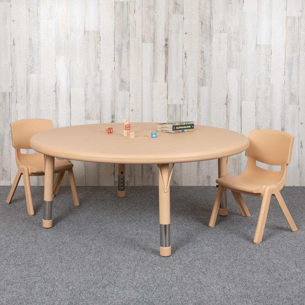 45" Round Natural Plastic Height Adjustable Activity Table Set with 2 Chairs. Picture 8