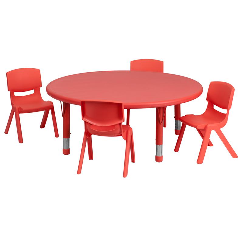 45'' Round Red Plastic Height Adjustable Activity Table Set with 4 Chairs. Picture 1