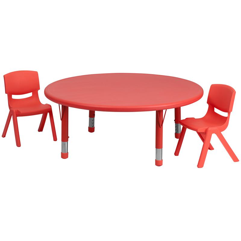 45'' Round Red Plastic Height Adjustable Activity Table Set with 2 Chairs. Picture 1