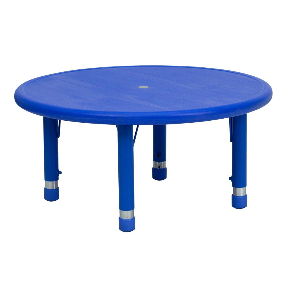 33'' Round Blue Plastic Height Adjustable Activity Table. Picture 1