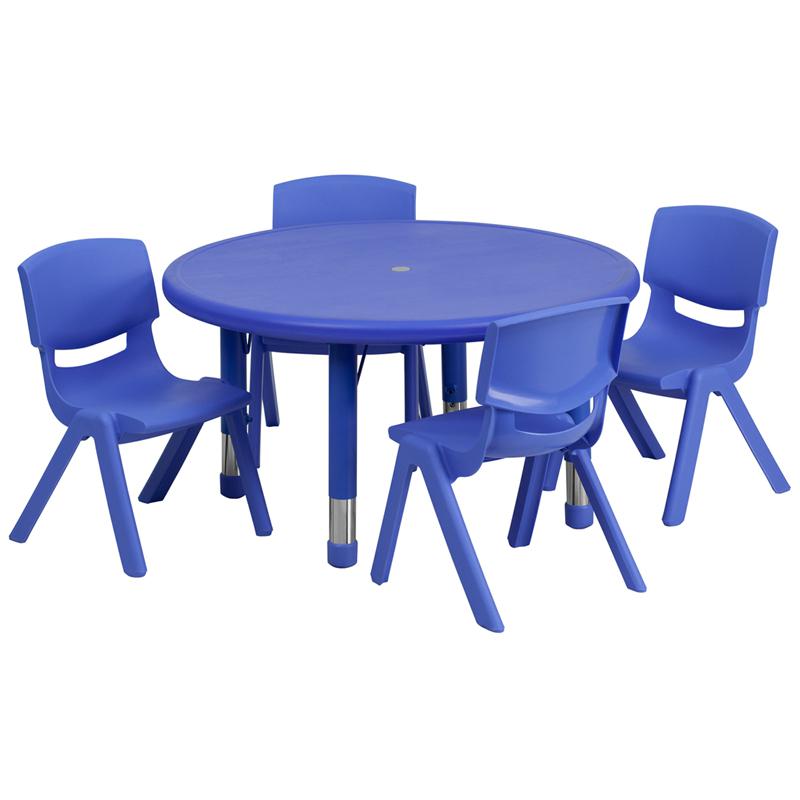 33'' Round Blue Plastic Height Adjustable Activity Table Set with 4 Chairs. Picture 1