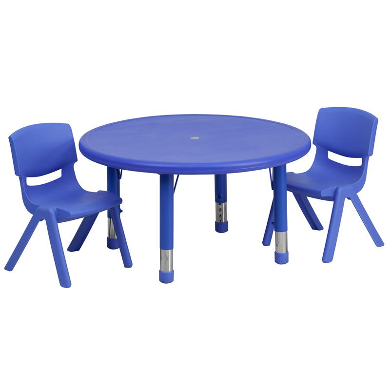 33'' Round Blue Plastic Height Adjustable Activity Table Set with 2 Chairs. Picture 1
