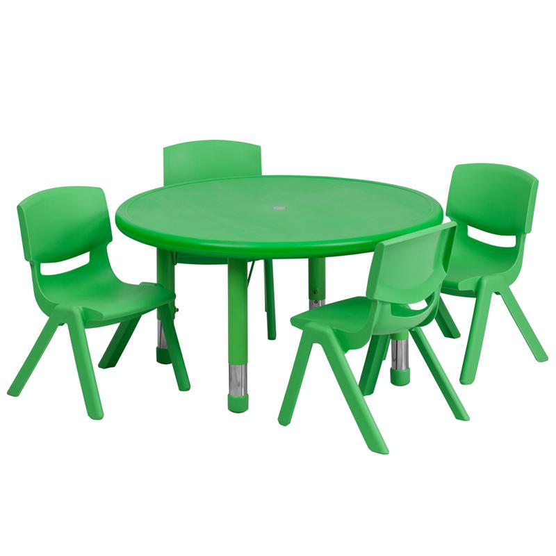 33'' Round Green Plastic Height Adjustable Activity Table Set with 4 Chairs. Picture 1