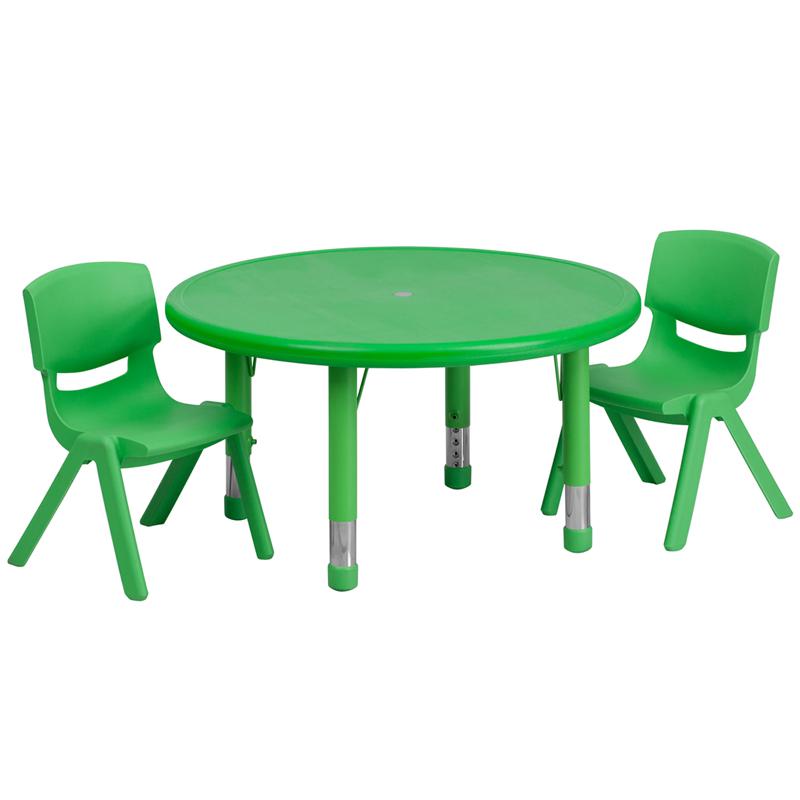 33'' Round Green Plastic Height Adjustable Activity Table Set with 2 Chairs. Picture 1