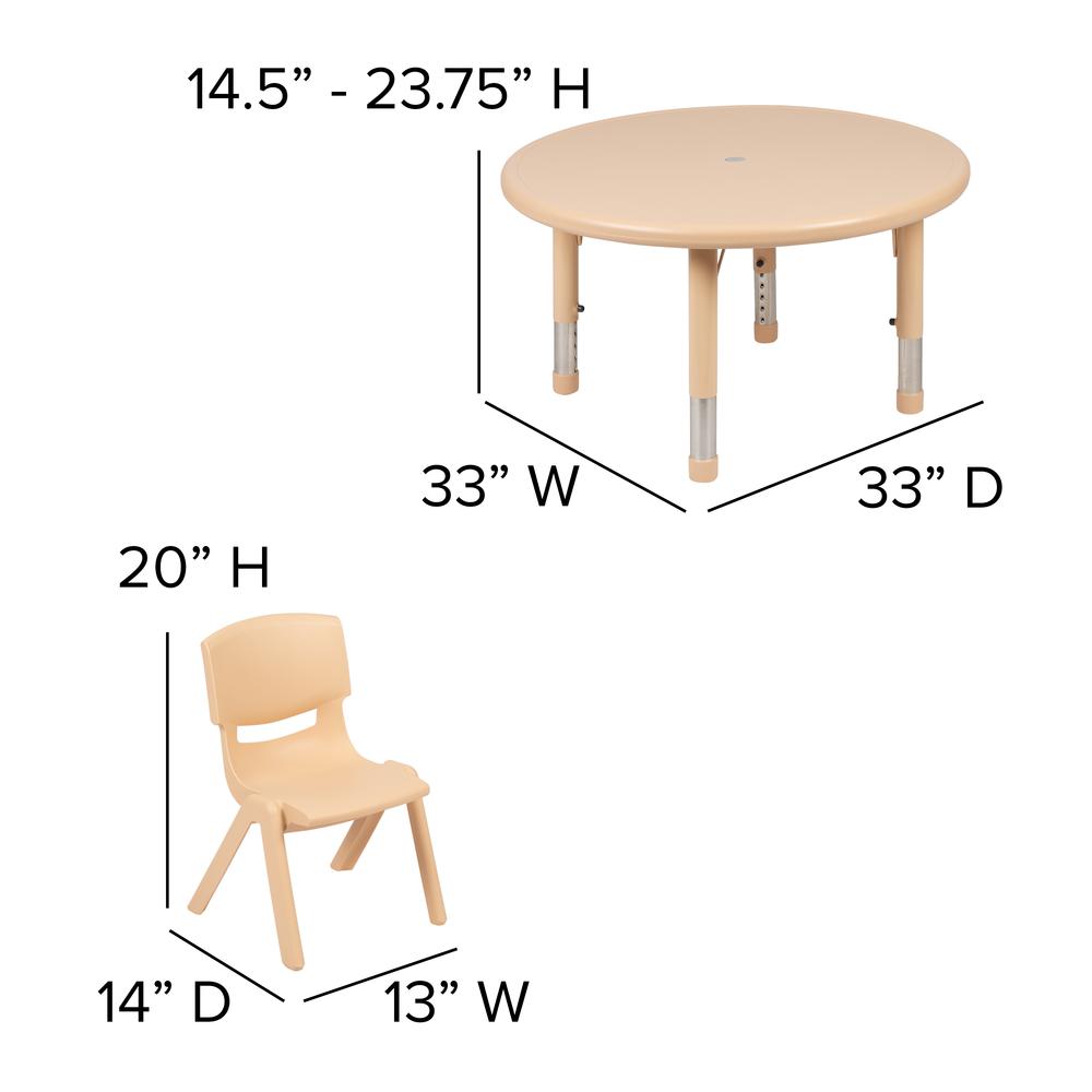 33" Round Natural Plastic Height Adjustable Activity Table Set with 4 Chairs. Picture 2