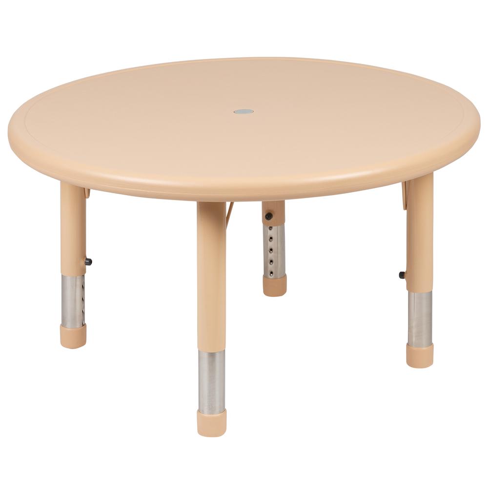 33" Round Natural Plastic Height Adjustable Activity Table Set with 4 Chairs. Picture 4
