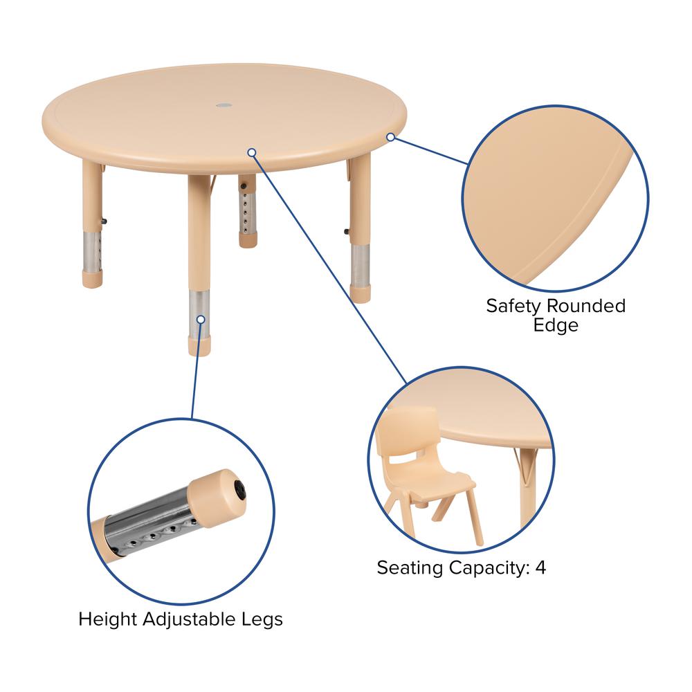 33" Round Natural Plastic Height Adjustable Activity Table Set with 4 Chairs. Picture 7