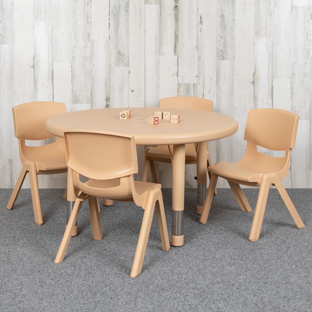 33" Round Natural Plastic Height Adjustable Activity Table Set with 4 Chairs. Picture 8