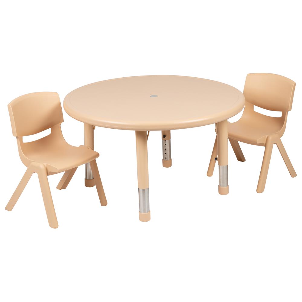 33" Round Natural Plastic Height Adjustable Activity Table Set with 2 Chairs. Picture 1