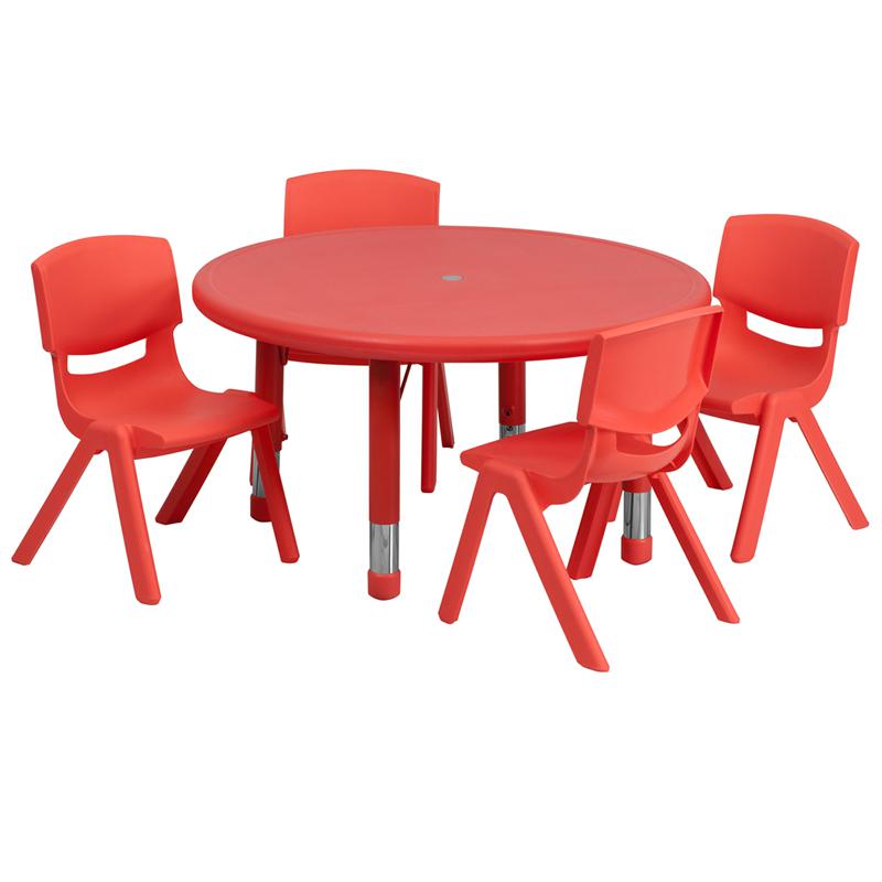 33'' Round Red Plastic Height Adjustable Activity Table Set with 4 Chairs. The main picture.