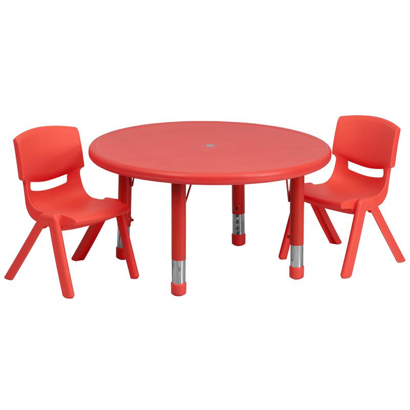 33" Round Height Adjustable Red Plastic Activity Table Set with Two 10" Chairs 