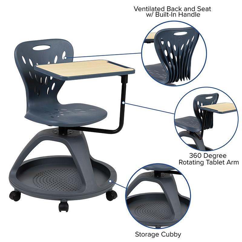 Dark Gray Mobile Desk Chair with 360 Degree Tablet Rotation and Under Seat Storage Cubby. Picture 4