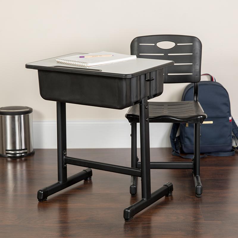 Adjustable Height Student Desk and Chair with Black Pedestal Frame. Picture 8