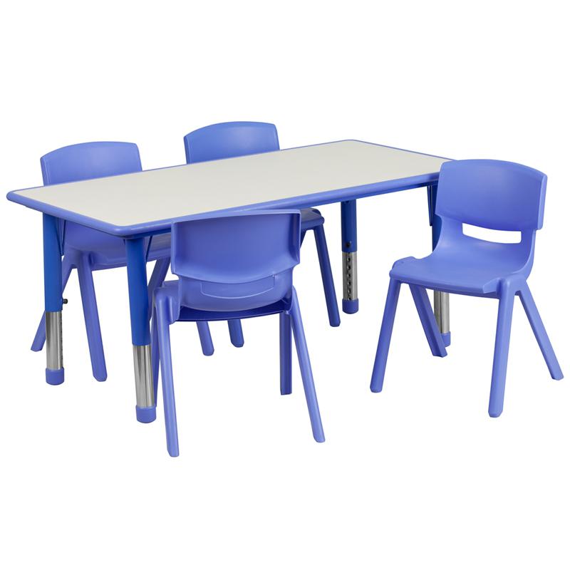 23.625''W x 47.25''L Rectangular Blue Plastic Height Adjustable Activity Table Set with 4 Chairs. Picture 1