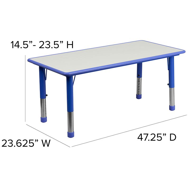 23.625''W x 47.25''L Blue Plastic Height Activity Table Set with 4 Chairs. Picture 5