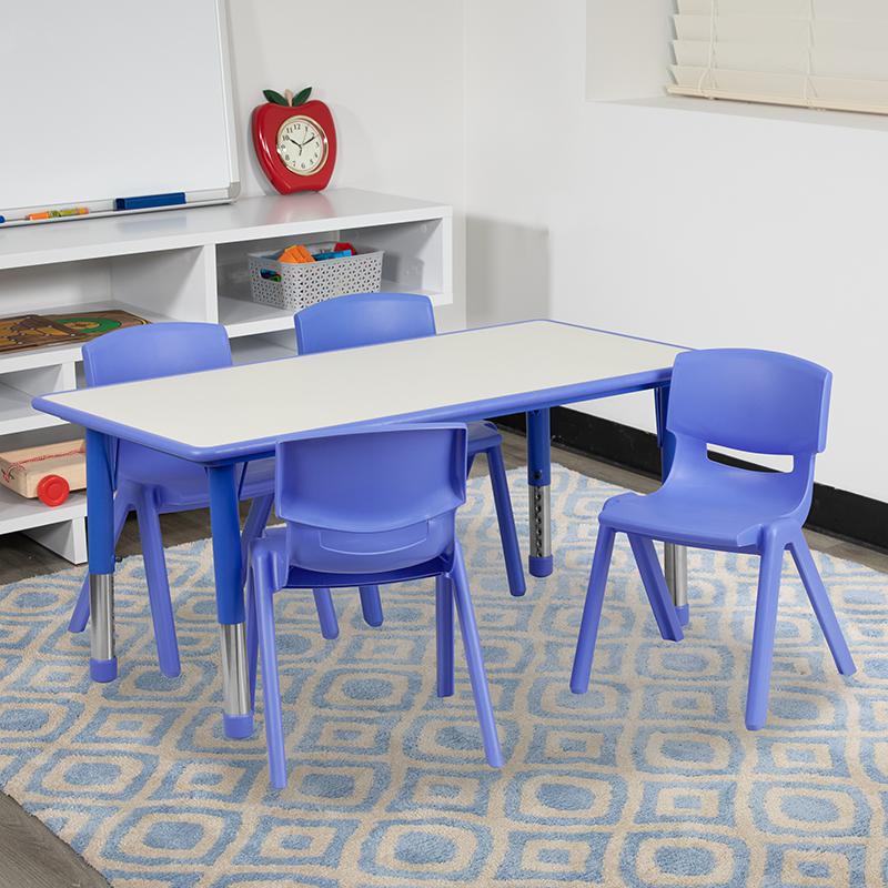 23.625''W x 47.25''L Blue Plastic Height Activity Table Set with 4 Chairs. Picture 1