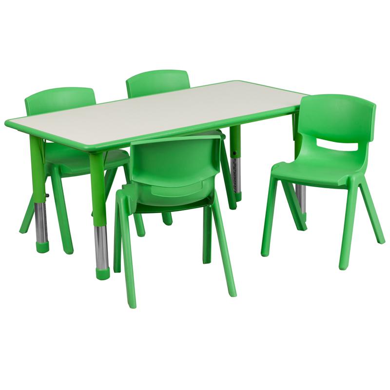 23.625''W x 47.25''L Rectangular Green Plastic Height Adjustable Activity Table Set with 4 Chairs. Picture 1
