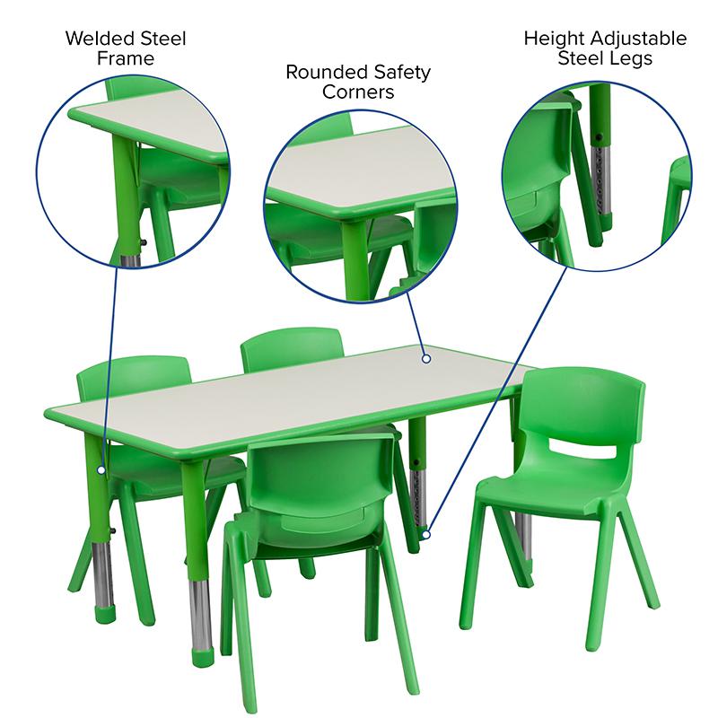23.625''W x 47.25''L Green Plastic Height Activity Table Set with 4 Chairs. Picture 5