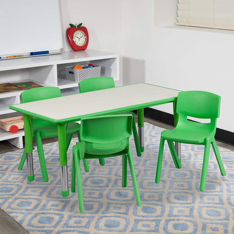 23.625''W x 47.25''L Green Plastic Height Activity Table Set with 4 Chairs. Picture 1