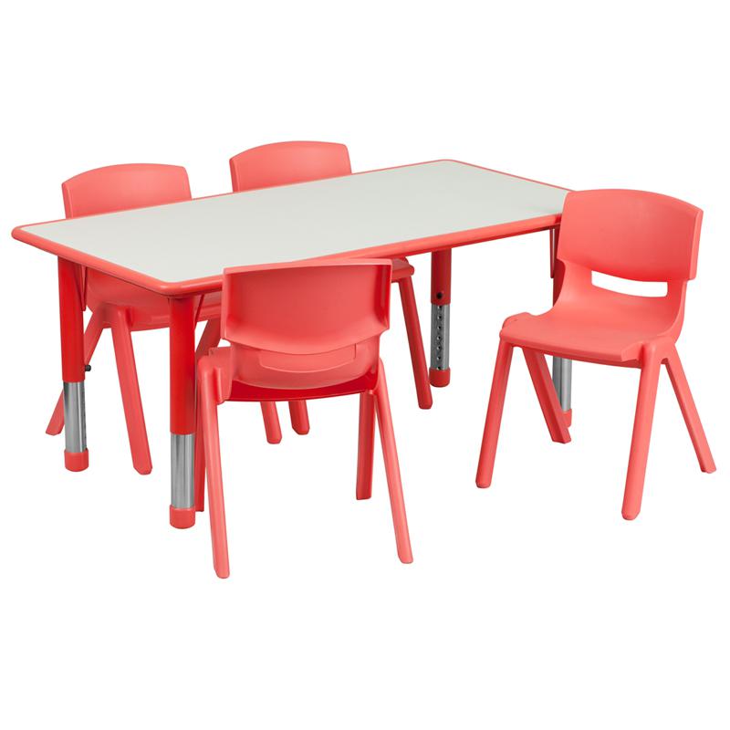 23.625''W x 47.25''L Red Plastic Height Activity Table Set with 4 Chairs. Picture 2