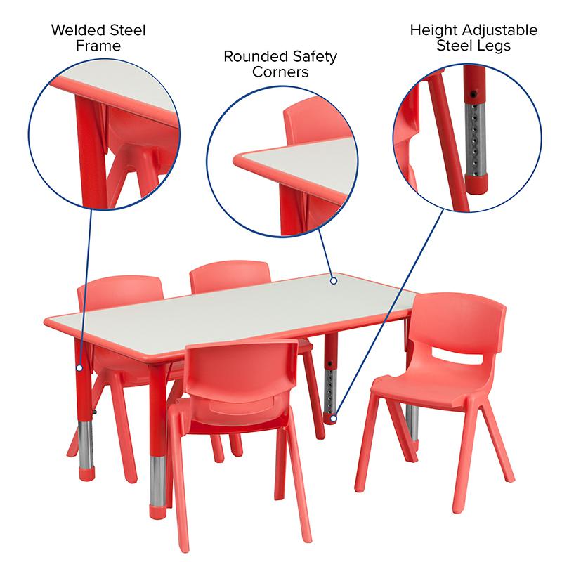 23.625''W x 47.25''L Red Plastic Height Activity Table Set with 4 Chairs. Picture 5