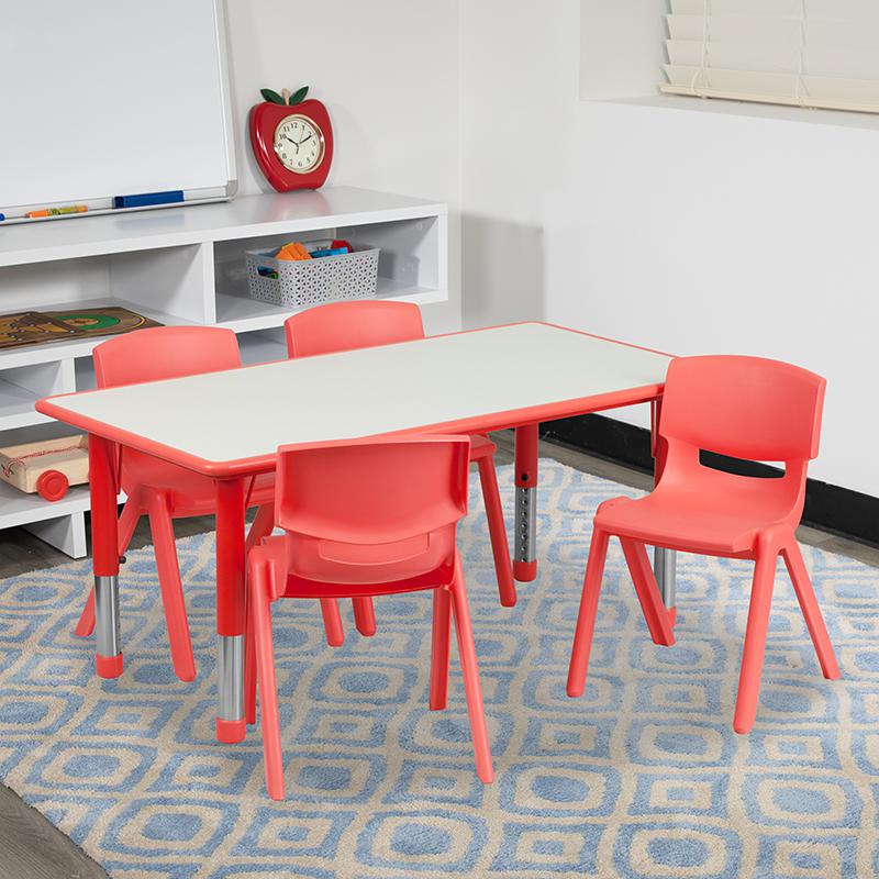 23.625''W x 47.25''L Red Plastic Height Activity Table Set with 4 Chairs. Picture 1