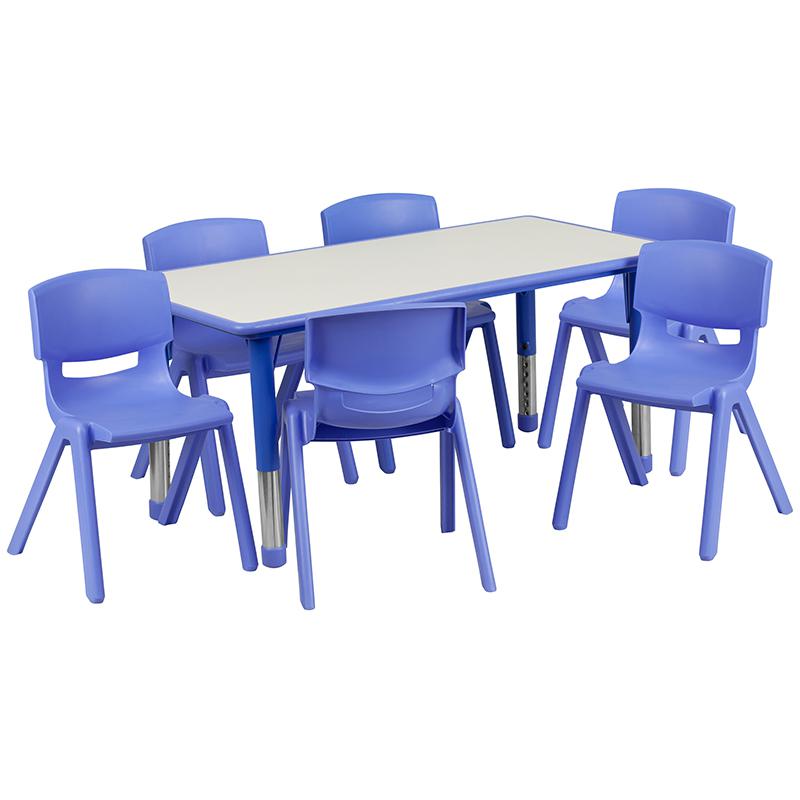 23.625''W x 47.25''L Rectangular Blue Plastic Height Adjustable Activity Table Set with 6 Chairs. Picture 1