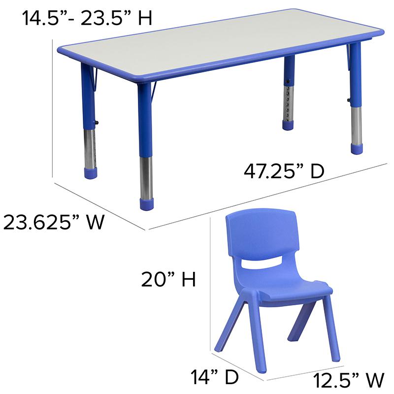 23.625''W x 47.25''L Blue Plastic Height Activity Table Set with 6 Chairs. Picture 6