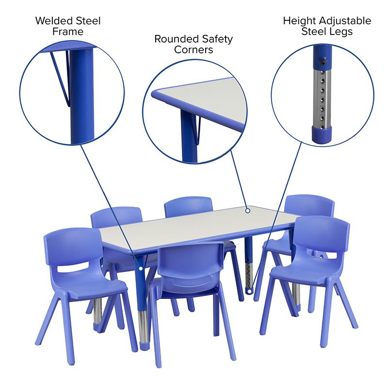 23.625''W x 47.25''L Blue Plastic Height Activity Table Set with 6 Chairs. Picture 5