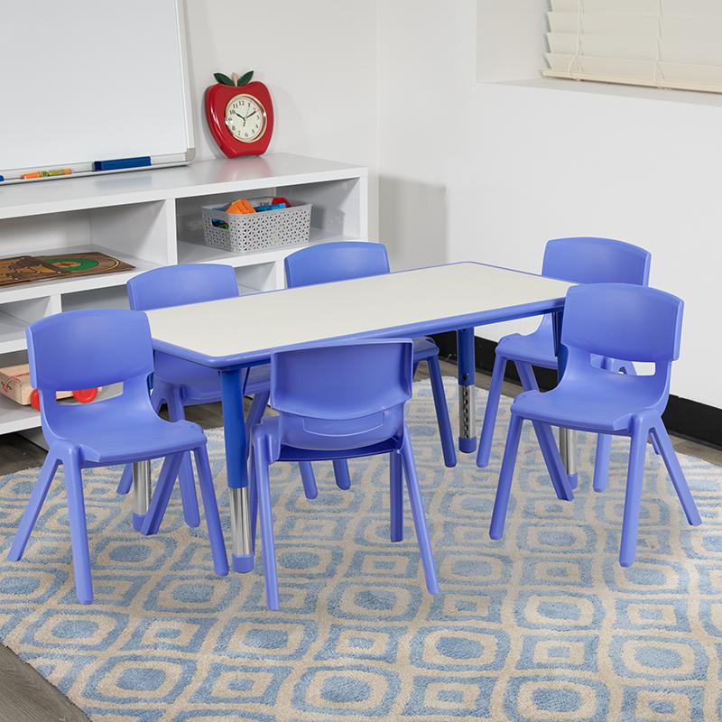 23.625''W x 47.25''L Blue Plastic Height Activity Table Set with 6 Chairs. Picture 1