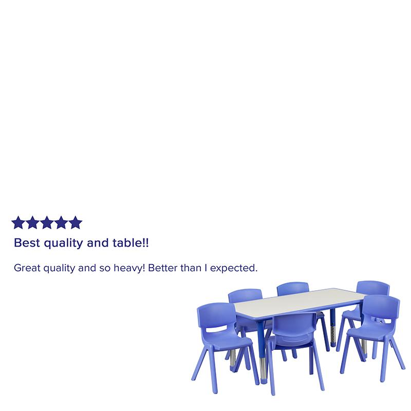 23.625''W x 47.25''L Rectangular Blue Plastic Height Adjustable Activity Table Set with 6 Chairs. Picture 2