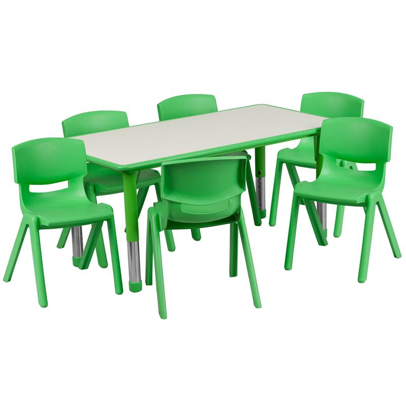 23.625''W x 47.25''L Rectangular Green Plastic Height Adjustable Activity Table Set with 6 Chairs. Picture 1