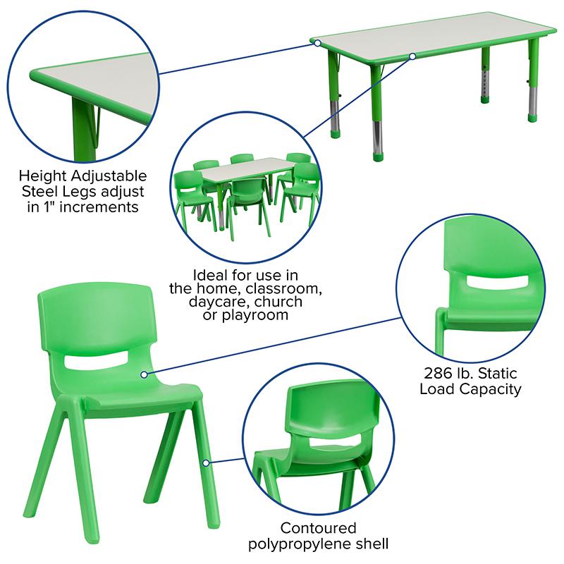 23.625''W x 47.25''L Green Plastic Height Activity Table Set with 6 Chairs. Picture 5