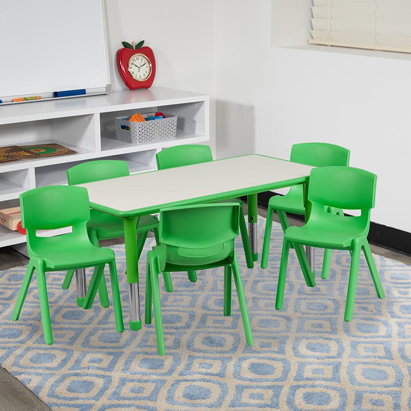 23.625''W x 47.25''L Green Plastic Height Activity Table Set with 6 Chairs. Picture 1