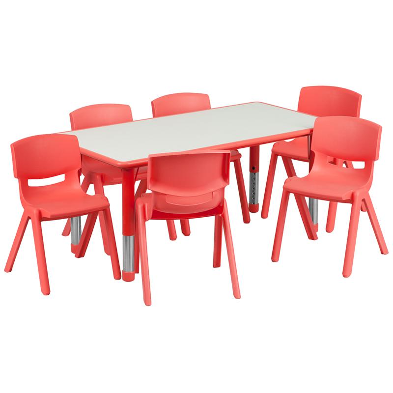 23.625''W x 47.25''L Rectangular Red Plastic Height Adjustable Activity Table Set with 6 Chairs. Picture 1