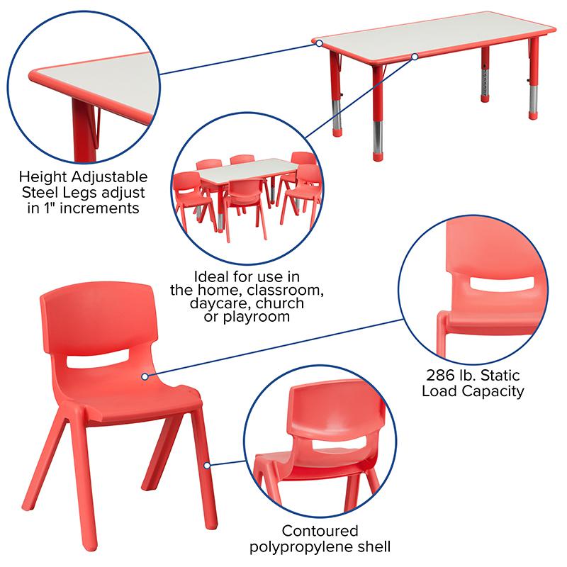 23.625''W x 47.25''L Red Plastic Height Activity Table Set with 6 Chairs. Picture 5