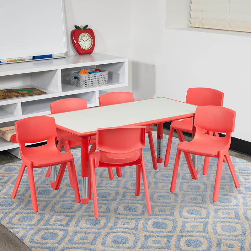 23.625''W x 47.25''L Red Plastic Height Activity Table Set with 6 Chairs. Picture 1