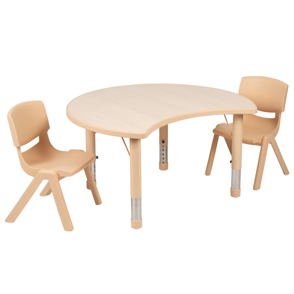 25.125"W x 35.5"L Crescent Natural Plastic Height Adjustable Activity Table Set with 2 Chairs. Picture 1