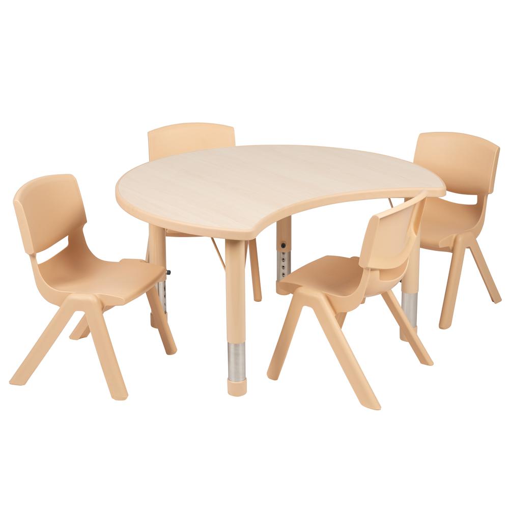 25.125"W x 35.5"L Crescent Natural Plastic Height Adjustable Activity Table Set with 4 Chairs. Picture 1