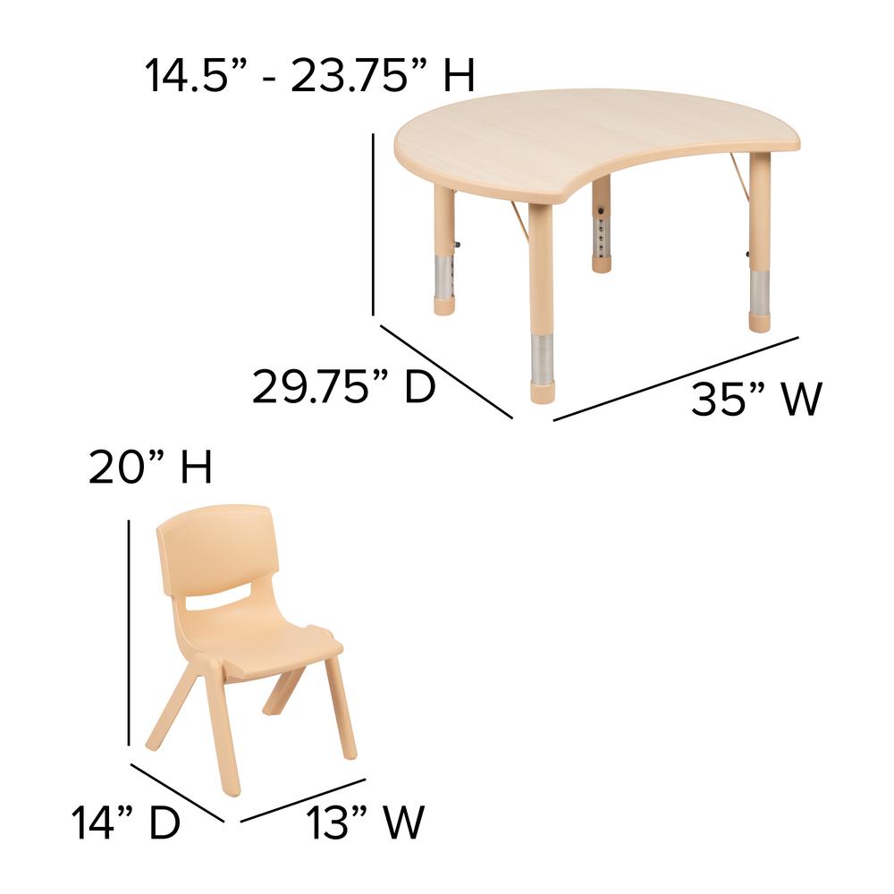 25.125"W x 35.5"L Crescent Natural Plastic Height Adjustable Activity Table Set with 4 Chairs. Picture 2