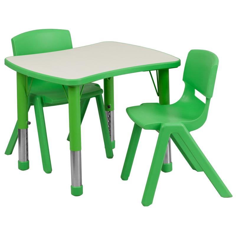 21.875''W x 26.625''L Rectangular Green Plastic Height Adjustable Activity Table Set with 2 Chairs. The main picture.