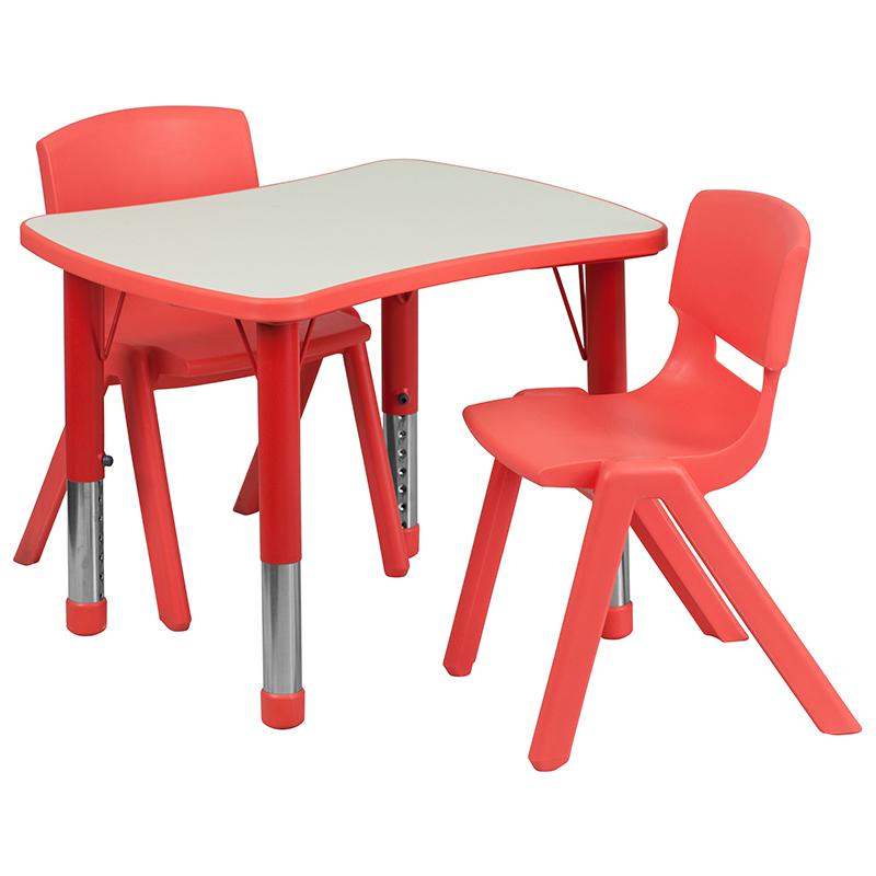 21.875''W x 26.625''L Rectangular Red Plastic Height Adjustable Activity Table Set with 2 Chairs. Picture 1