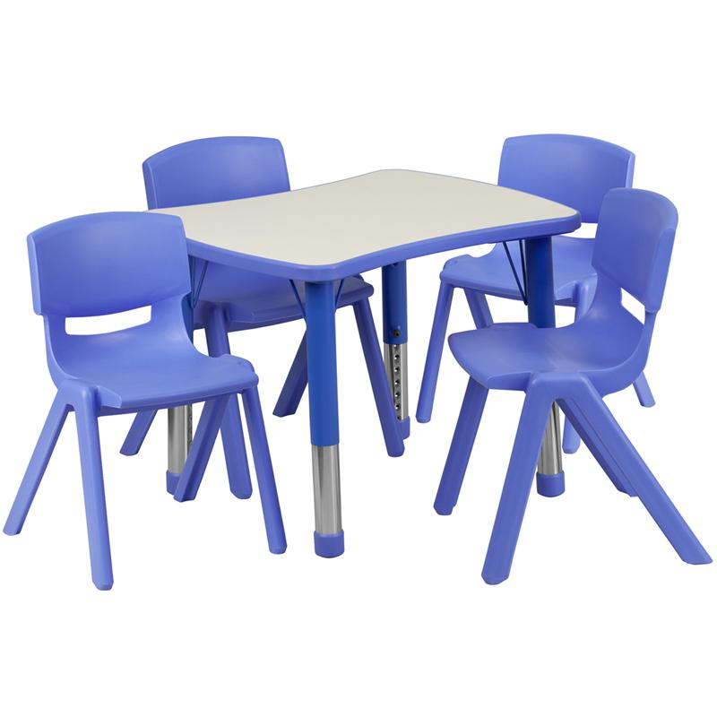 21.875''W x 26.625''L Rectangular Blue Plastic Height Adjustable Activity Table Set with 4 Chairs. Picture 1